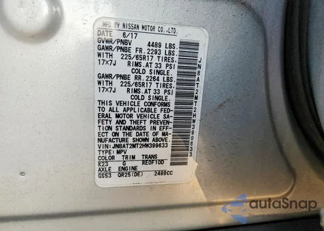 2017 Nissan Rogue S z USA, uszkodzony, nr VIN JN8AT2MT2HW399633